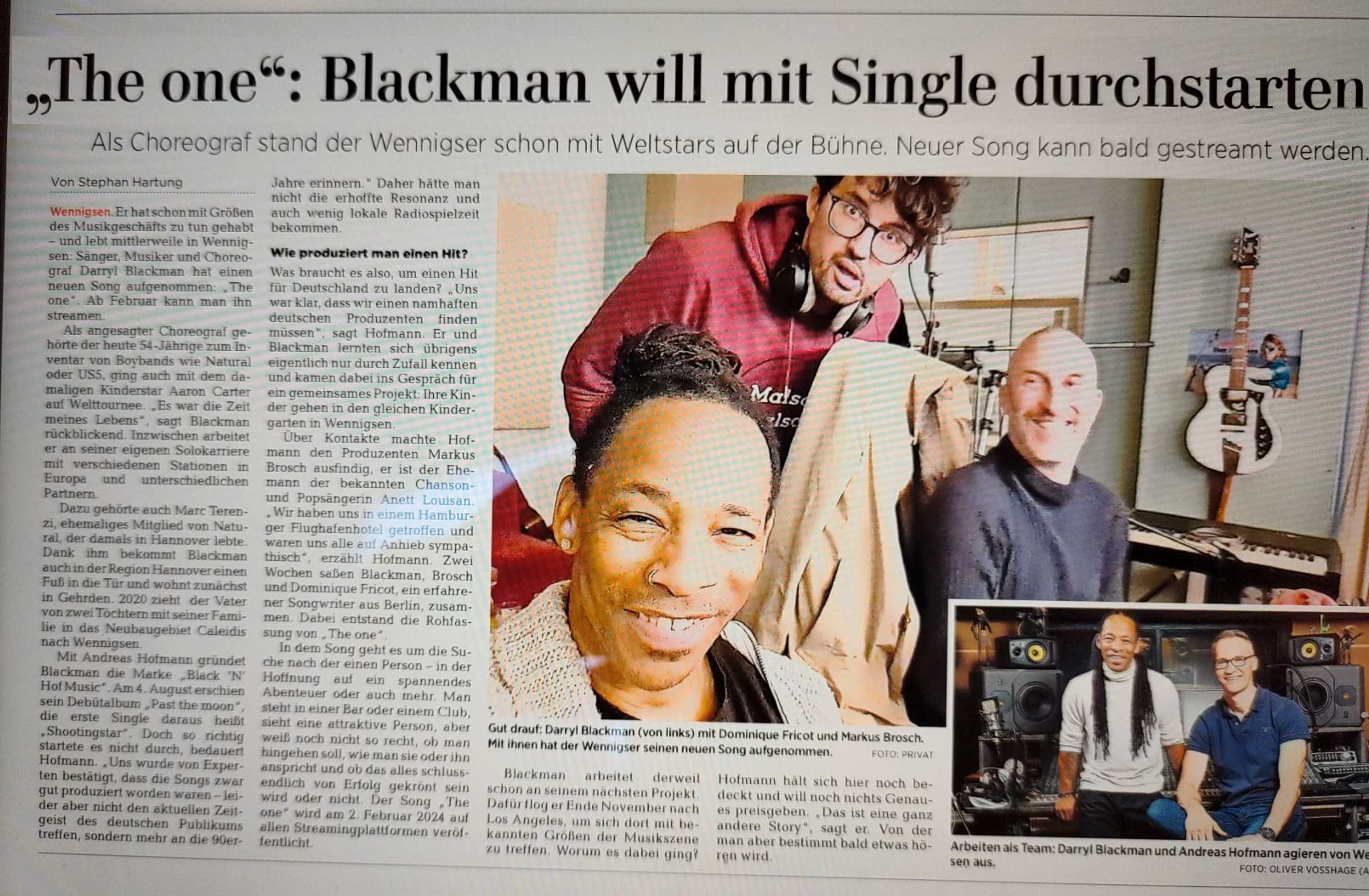 Darryl Blackman – Single THE ONE – PR in der HAZ
